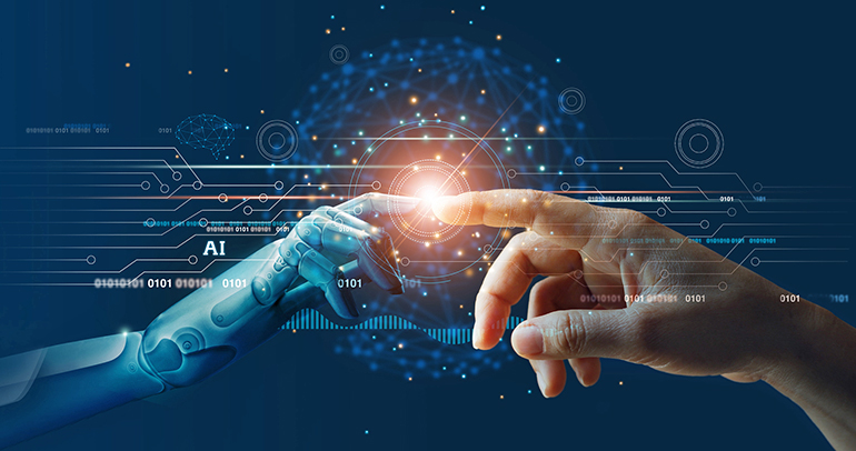 Image of a human hand touching a hand representing and creating AI technology and advancements