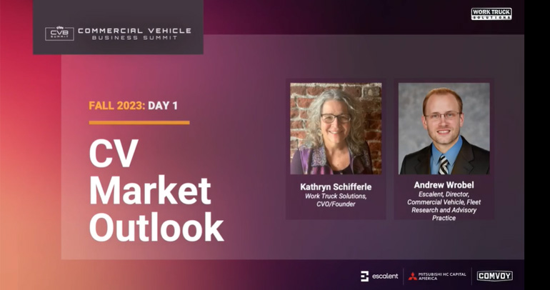 Image of Escalent's Andrew Wrobel as a speaker providing a market outlook at Work Truck Solutions' Fall 2023 Commercial Vehicle Business Summit