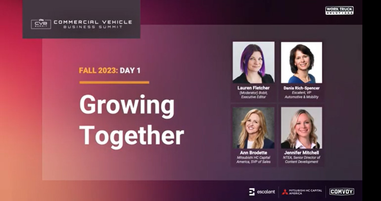 Image of Escalent's Dania Rich-Spencer part of a panel discussion Growing Together at Work Truck Solutions' Fall 2023 Commercial Vehicle Business Summit