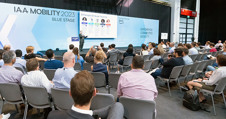 Image of Escalent's EV expert K.C. Boyce presenting the future European EV buyer personas identified by Escalent's EVForward Europe study on the next generation of EV buyers in the EU and UK at the IAA Mobility 2023 conference.