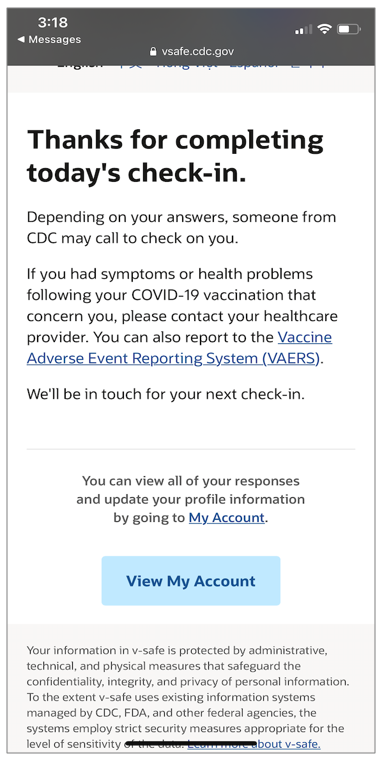 V-safe Thank You Screen